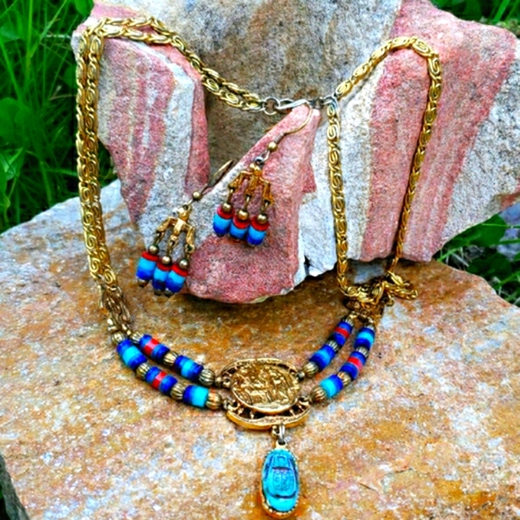 Vtg Egyptian Revival Pharoah Phoenix Necklace Set - Picture 7 of 13